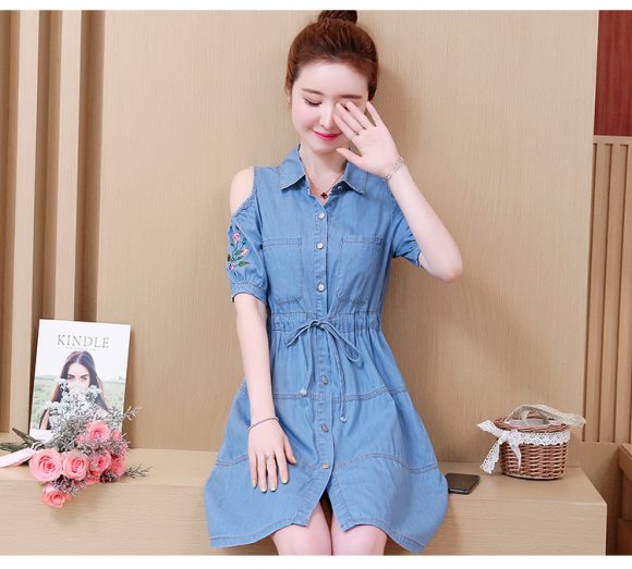 ĐẦM JEAN ĐẸP CHỮ A CỔ SƠ MI KHOÉT VAI THÊU HOA